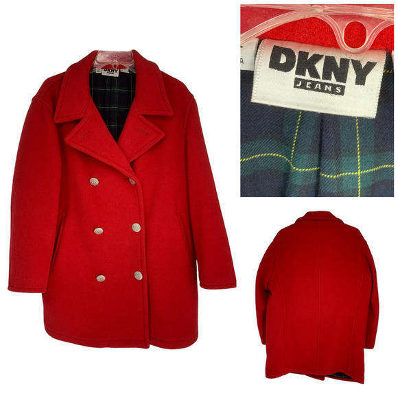 Vtg DKNY Jeans Sz L Red Double Breasted Wool Pea Coat Plaid Lining Donna Karan - Picture 1 of 10